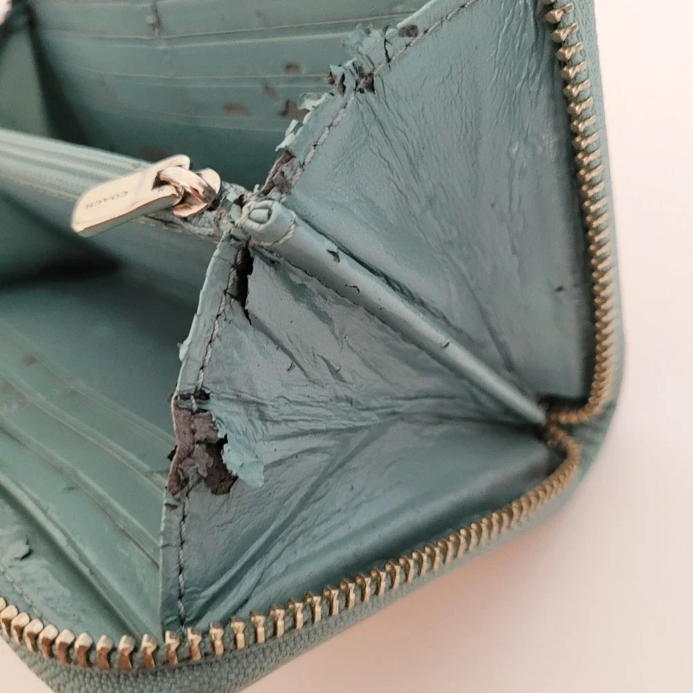 Coach Signature Accordion Zip Wallet Khaki Teal Monogram Canvas Long Wallet